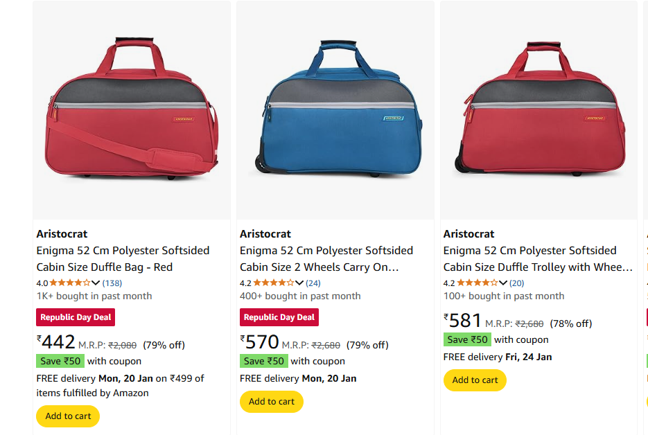 Image of Aristocrat Luggage Bags Starts Price @ ₹392