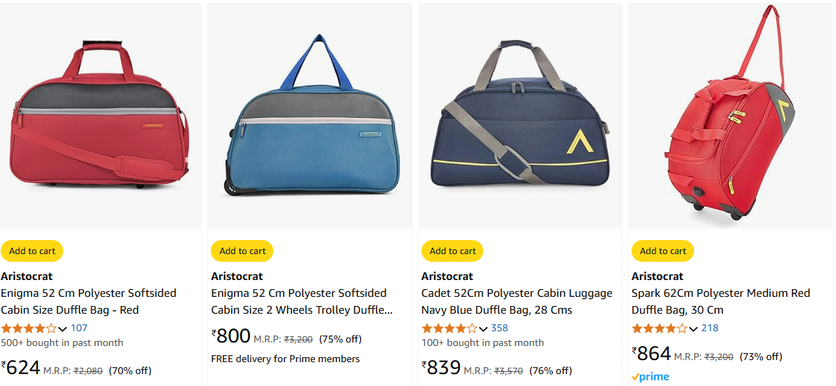 Image of Aristocrat Polyster Softside Duffle Bag is Starting at ₹624 @ #Amazon 