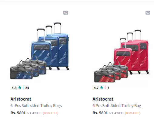 Image of Aristocrat Trigon Hexa Set of 6 Printed Soft-Sided Trolley Bags up to 86% Discount