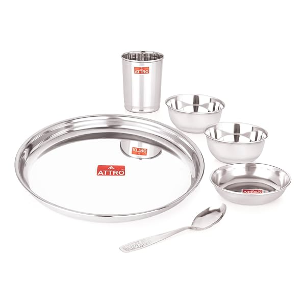 Image of Attro 6 Pieces Smart Stainless Steel Dinnerware/Dinner Set - 1 Thali, 1 D.Plate, 2 Bowl, 1 Glass, 1 Spoon.