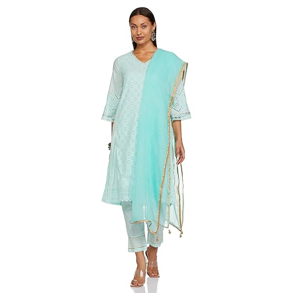 Image of BIBA Women Cotton Solid Narrow Salwar Kurta Dupatta