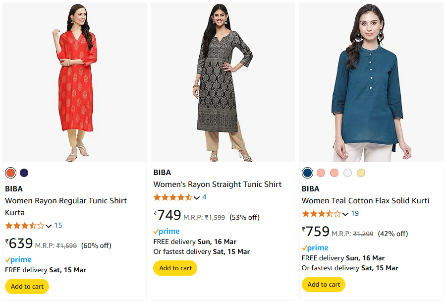 Image of BIBA Women Tunic Shirt Kurta Starting Price@ ₹639