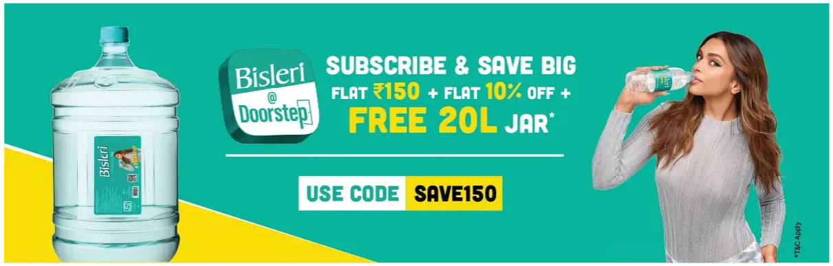 Image of BISLERI Subscribe & Save Coupon : Flat ₹150 off + Flat 10% off + Free 20 L. Jar 