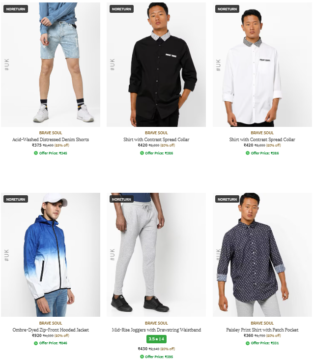 Image of BRAVE SOUL Brand Men's Clothing @ Minimum 80% Discount