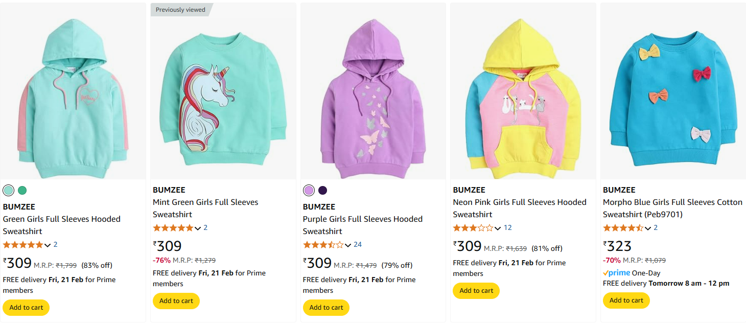 Image of BUMZEE Girls Full Sleeves Hooded Sweatshirt starting @ ₹309