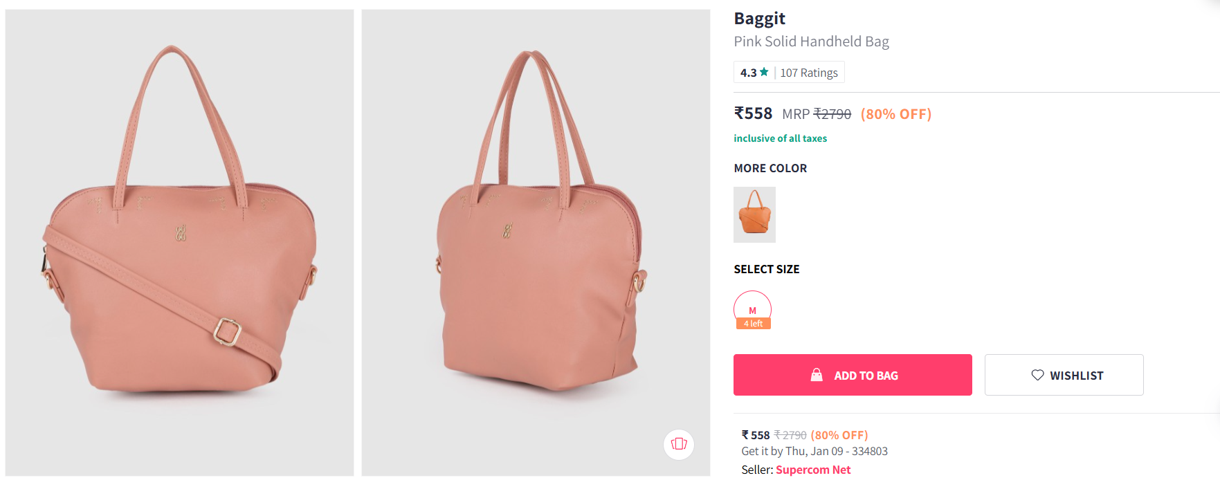 Image of Baggit Pink Solid Handheld Bag