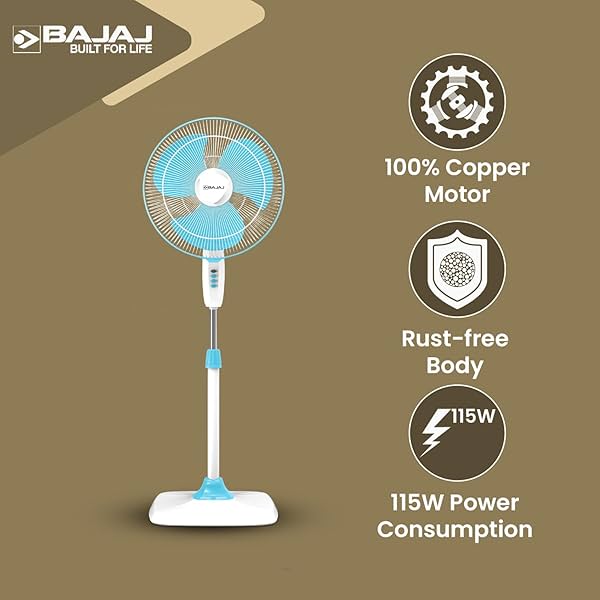 Image of Bajaj Rapido 400 mm Pedestal Fan, Pearl Blue, With Full Copper Motor and High Speed Operation, Regular