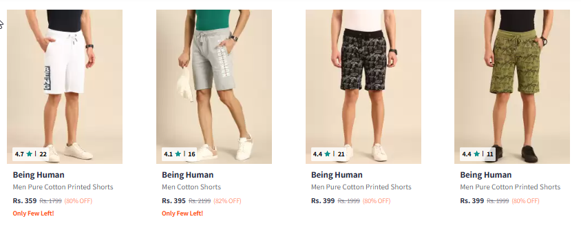 Image of Being Human Men Fashion Shorts Flat 80% Discount