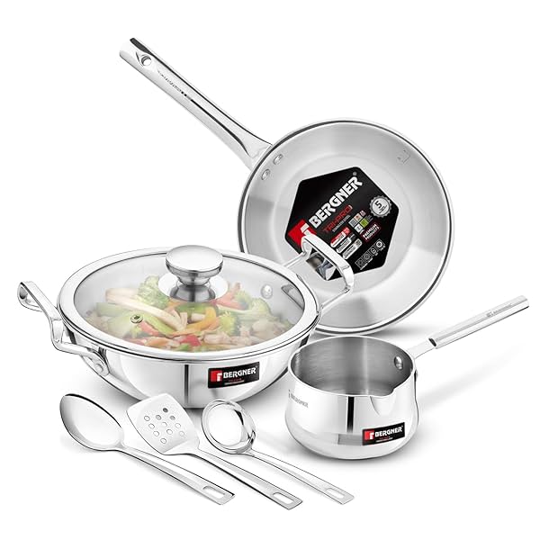 Image of Bergner TriPro 7 Pcs Triply Stainless Steel Induction Bottom Cookware Set, 22cm (2L) Kadai