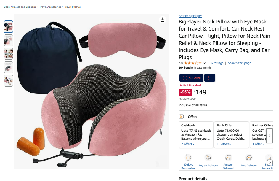 Image of BigPlayer Neck Pillow with Eye Mask for Travel