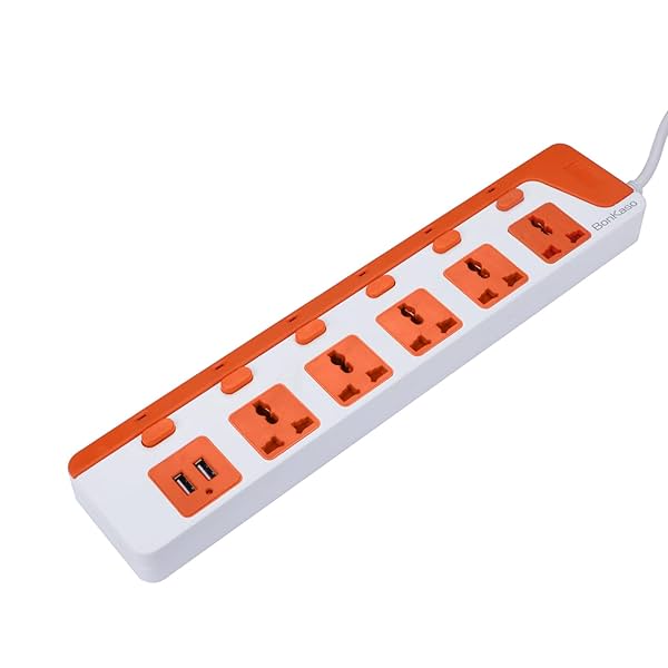 Image of BonKaso 5-Socket Power Strip with Dual USB - 5 AC Sockets, 2 USB, 1.5m Cord Length, 1500 W