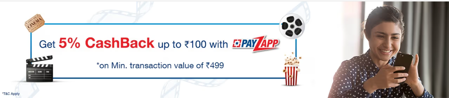 Image of BookMyShow : Get 5% cashback upto ₹100 on Min. Transaction value of ₹499 with PayZapp