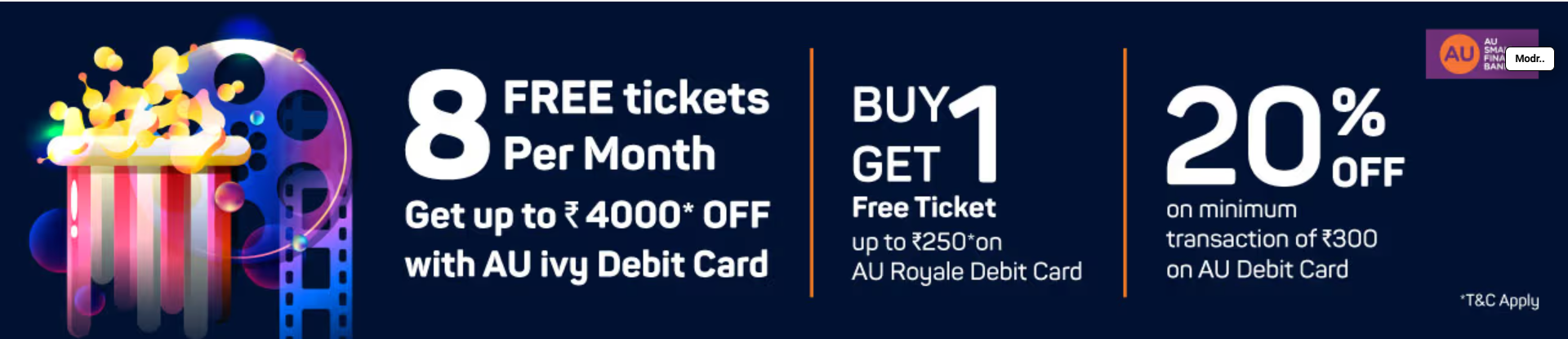 Image of BookMyShow : Get 8 free movie tickets per month up to ₹4000 off with Au ivy Debit Card