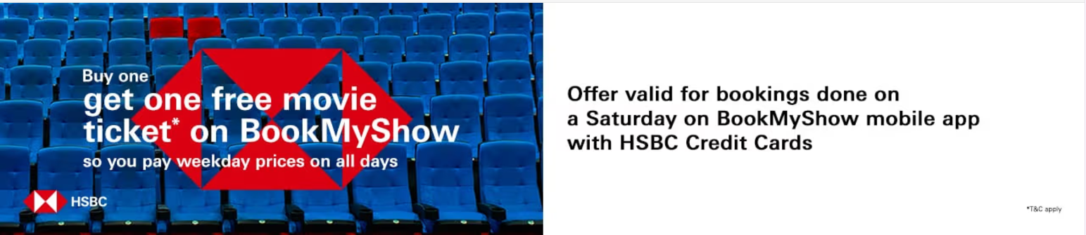 Image of BookMyShow Offers : Buy 1 ticket and get 1 free on movies with HSBC Credit Cards