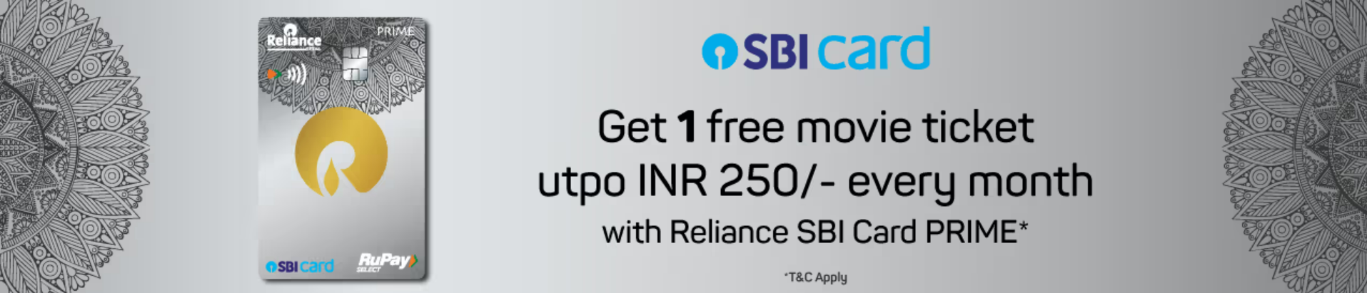 Image of BookMyShow Offers : Every Month Get 1 Free Movie Ticket Upto ₹250 With Reliance SBI Prime Card