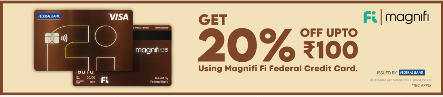 Image of BookMyShow Offers : Get 20% Off upto ₹100 on a min. transaction value of ₹400 with MagniFi Fi Federal CC