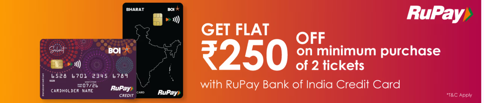 Image of BookMyShow Offers : Get ₹250 off on min. buy of 2 tickets with BOI Rupay CC