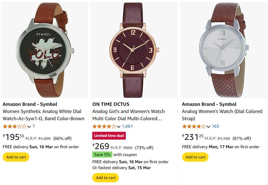 Image of Branded Analog Women's Watch Starting Price@ ₹195