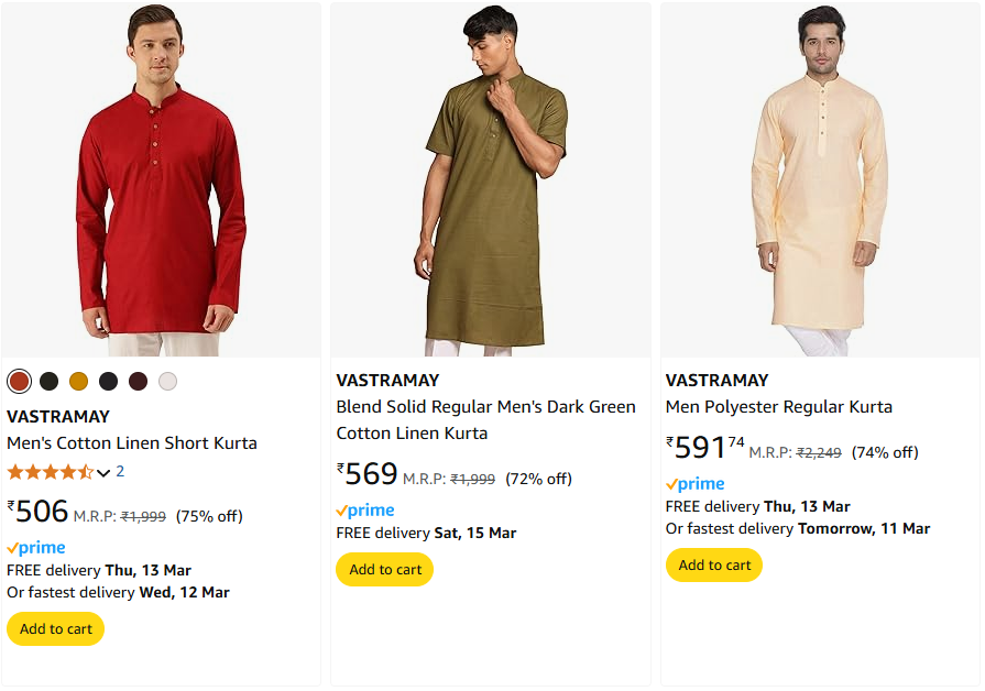 Image of Branded Men's Cotton Short Kurta Starting Price@ ₹506