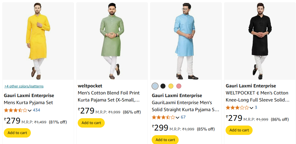 Image of Branded Mens Kurta Pyjama Set Starting Price @₹279