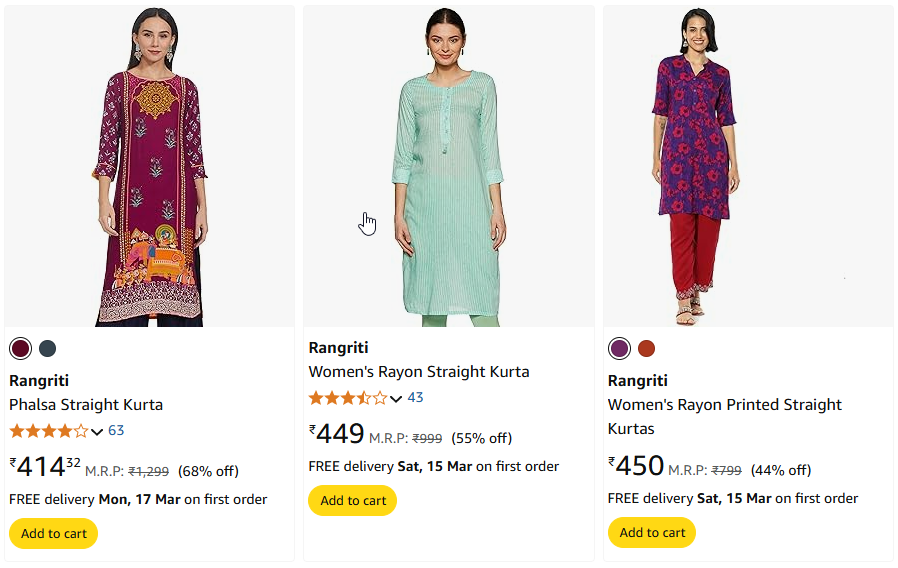 Image of Branded Phalsa Straight Kurta Starting Price@ ₹414