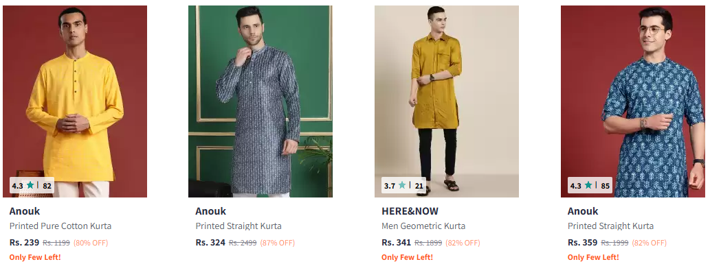 Image of Branded Pure Cotton Kurta for Men's at Minimum 80% Discount