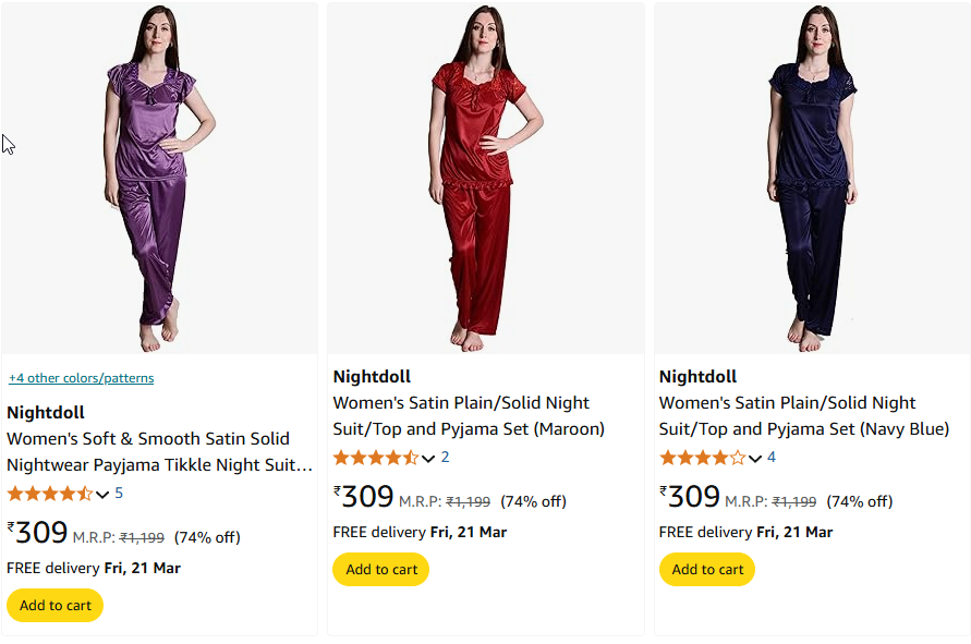 Image of Branded Women's Night Suit Set Starting Price At ₹309