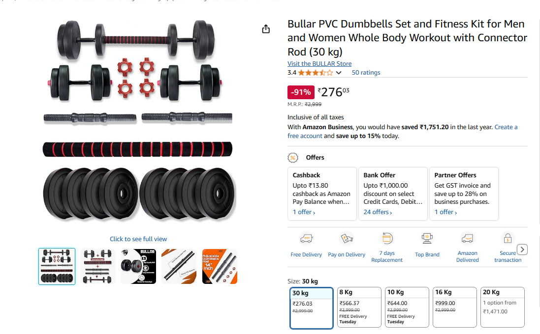 Image of Bullar PVC Dumbbells 30kg set.