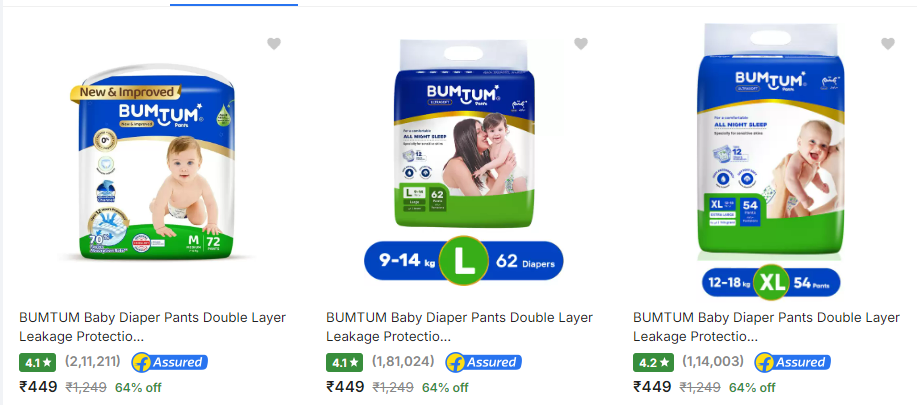 Image of Bumtum baby diapers : up to 64% discount starting at ₹449