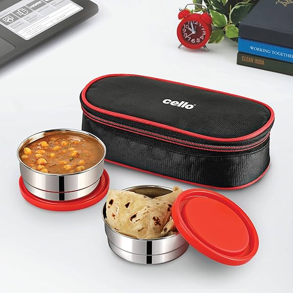 Image of CELLO Eco Bite Stainless Steel Lunch Box 2 Container with Jacket, Red