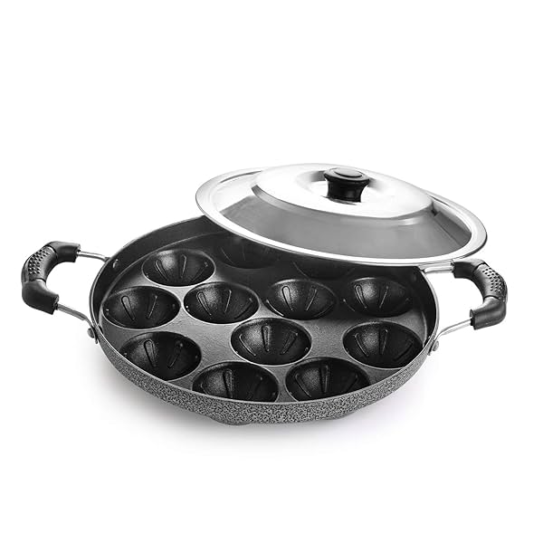 Image of CELLO Non-Stick 12 Cavity Grill Appam Patra 2 Side Handle with Stainless Steel Lid