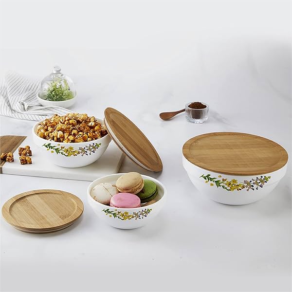 Image of CELLO Opalware Royale Mixing Bowl Set with Bamboo Lid - 3 Units (500ml, 1000ml, 1500ml)