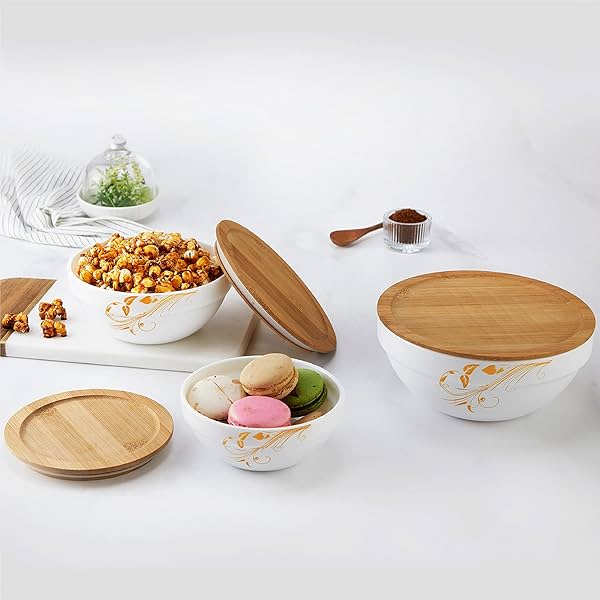 Image of CELLO Opalware Royale Mixing Bowl Set with Bamboo Lid