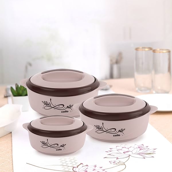 Image of CELLO Sapphire Insulated Inner Steel Casserole Set of 3, Brown (500ml, 1000ml, 1500ml) Chapati Box