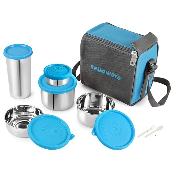 Image of CELLO Steelox Stainless Steel Lunch Box Set of 5 with Bag