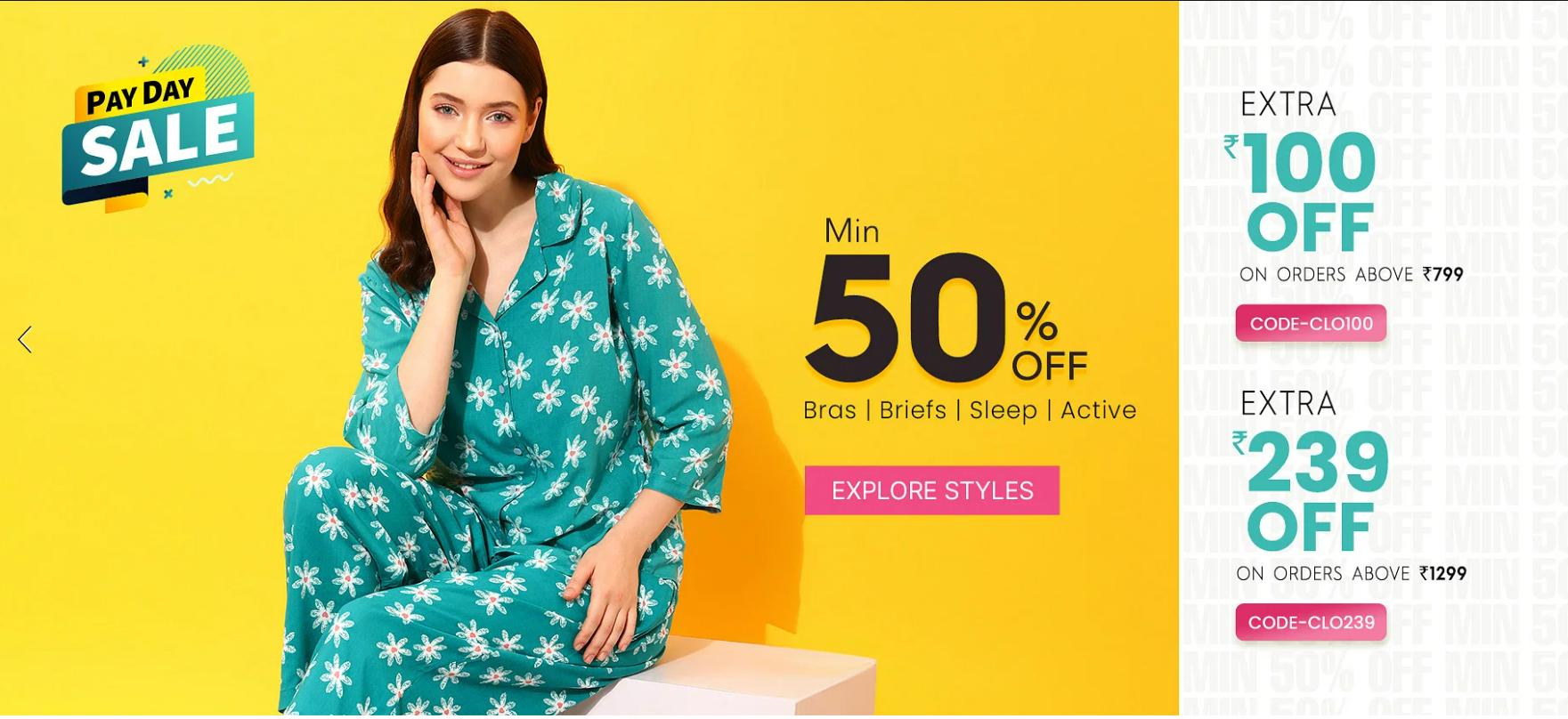 Image of    CLOVIA  Pay Day sale : 50% off on Women's Wear + Extra ₹239 off 