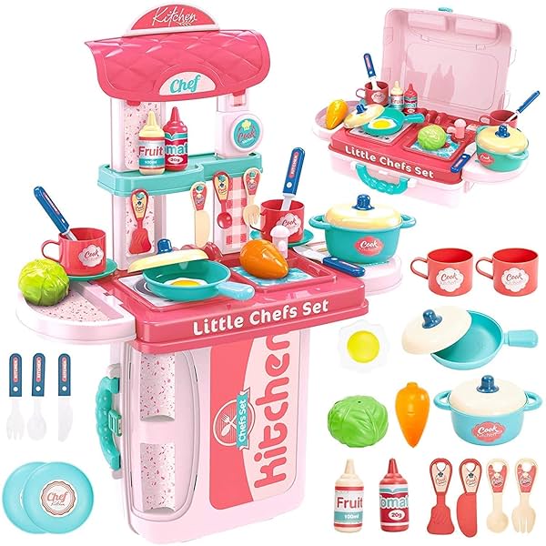 Image of Cable World Plastic 3 in 1 Portable Pretend Food Party Role Cooking Kitchen Play Set Toy for Boys and Girls