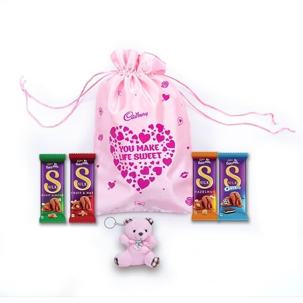 Image of Cadbury Dairy Milk Silk Special Assorted Valentine's Chocolates Potli Gift Pack with Teddy keychain, 232 g