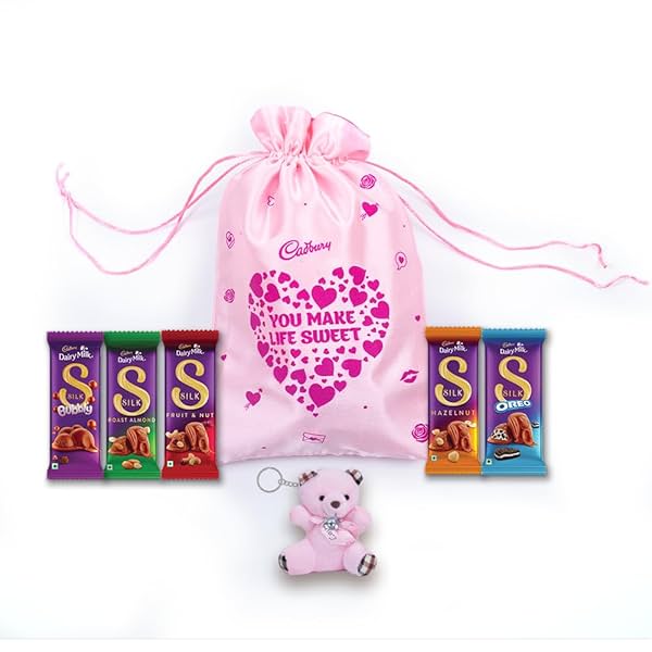 Image of Cadbury Dairy Milk Silk Special Assorted Valentine's Chocolates Potli Gift Pack with Teddy keychain, 232 g