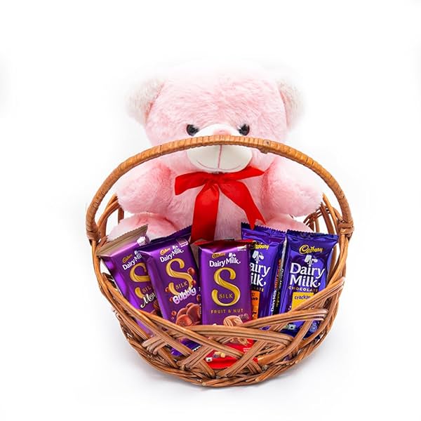 Image of Cadbury Dairy Milk Silk Special Valentine's Gift Basket with Teddy Bear, 222 g