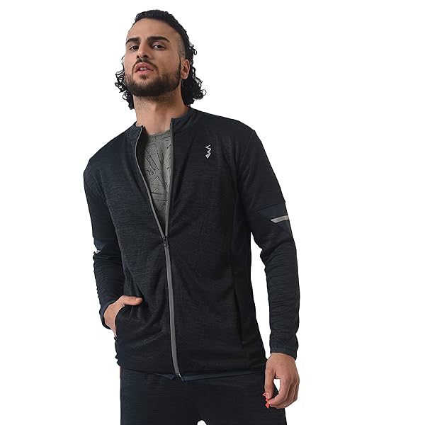 Image of Campus Sutra Men's Black Heathered Activewear Jacket With Contrast Detail For Casual Wear