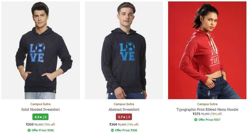 Image of Campus Sutra Men's & Women's hooded Sweatshirts at Minimum 65% Discount 