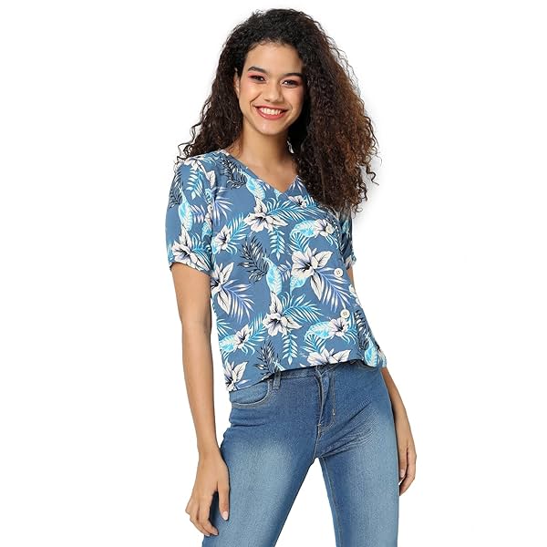 Image of Campus Sutra Women's Blue Botanical Print Top for Casual Wear