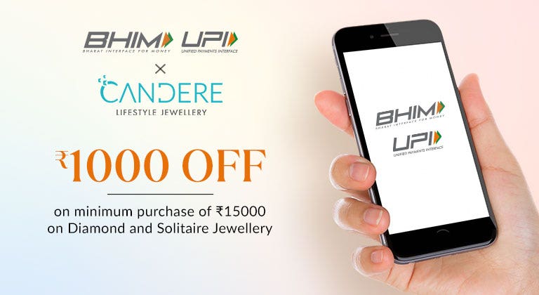 Image of Candere Bhim UPI Offfer : Get ₹1000 Off on ₹15000 Diamond & Solitaire with BHIM UPI