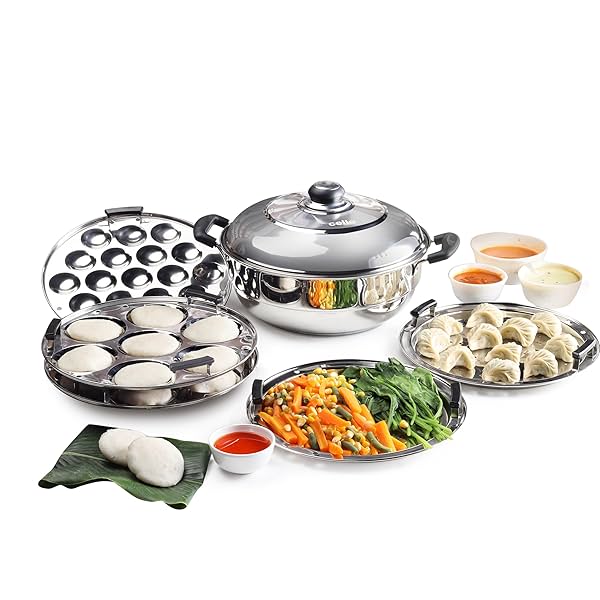 Image of Cello Idli Cooker and Multi Kadhai, 5 liter, set of 6.