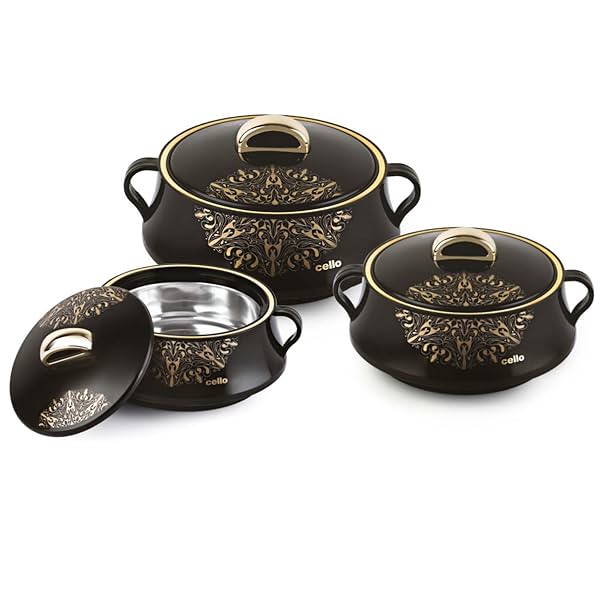 Image of Cello Midas Insulated Inner Steel Casserole Set of 3, Black, (500ml, 1000ml, 1500ml)|.