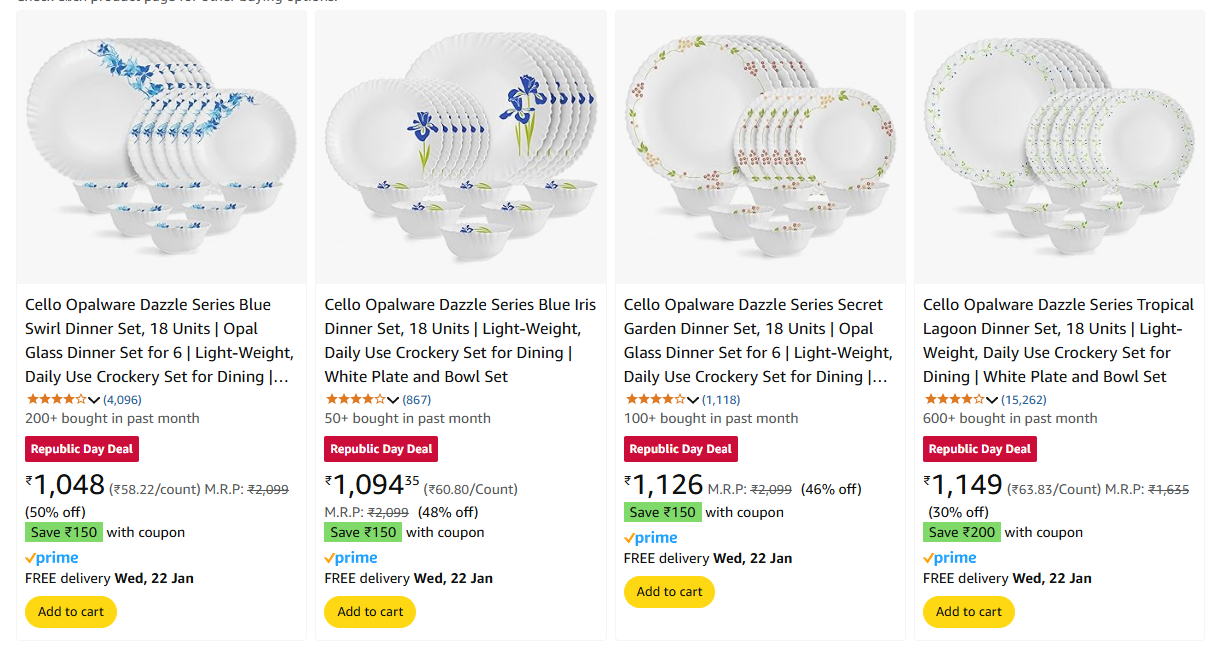 Image of Cello Opalware Dazzle Series Blue Swirl Dinner Set, up to 50% Discount