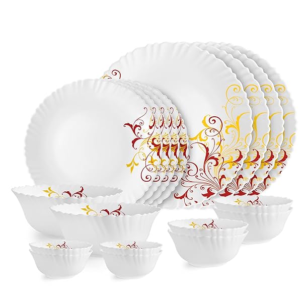 Image of Cello Opalware Dazzle Series Yellow Scroll Dinner Set, 18Pcs