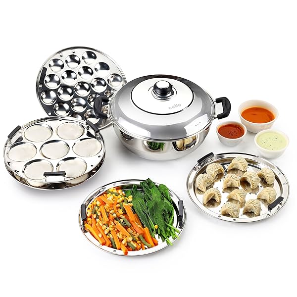 Image of Cello Stainless Steel Induction Base Idli Cooker And Multi Kadhai Set of 6