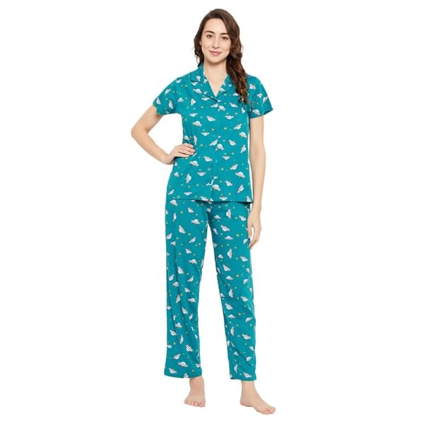 Image of Clovia Cotton Printed Shirt & Pyjama Set